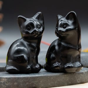 May include: Two glossy black cat ornaments. The cats are sitting upright with their ears perked and eyes open. The ornaments are made of a smooth, reflective material and are displayed on a dark grey surface. The cat ornaments are a decorative item.