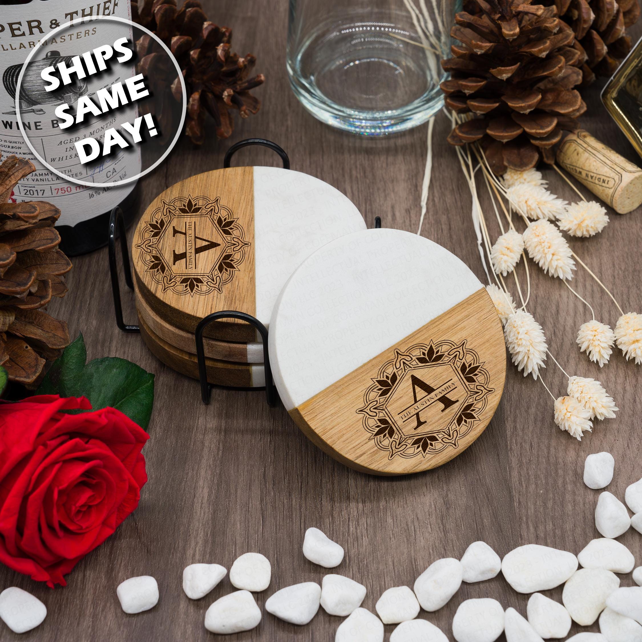 Sottobicchieri personalizzati in legno di faggio – Regali personalizzati per matrimoni, feste di addio al nubilato, regali per inaugurazione della casa nuova (set da 2 a 16