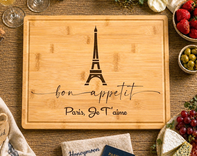 Personalized Cutting Board France Home Decor Gift Custom Wedding Gift Engraved Eiffel Tower Honeymoon Keepsake Custom 5th Anniversary Gift