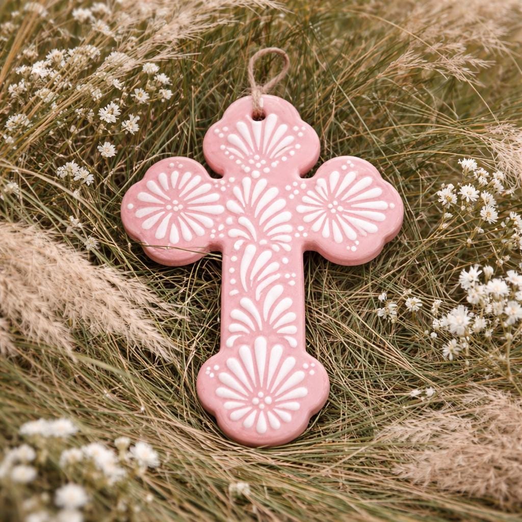 Croix Murale En Poterie émaillée Verte Peinte à La Main - Signée Et Faite Main - Style Bohème Religieux 11x4 Pouces