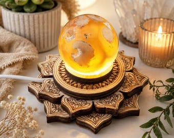 Soporte de exhibición de cristal con base de luz LED blanca de madera de loto USB, decoración de estante boho, altar de Reiki, decoración de sala de meditación, lámpara de piedras preciosas, regalo