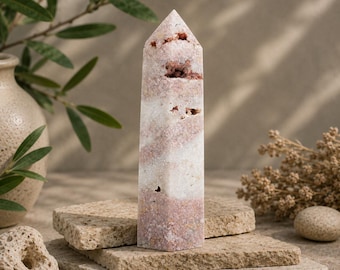 Pink Agate Tower Crystal Healing Decor Spiritual Protection Gift Energy Balancing Stone Meditation Altar Display Boho Home Shelf Decor