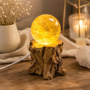 Natural Wood Slice Light LED Lamp Crystal Display Stand Rustic Shelf Nightstand Glow Boho Meditation Room Mineral Specimen Base Driftwood