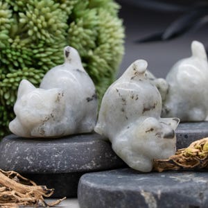 May include: Three white cat sculptures carved from moonstone. The cats are in various poses, with one sitting up, one lying down, and one curled up. The sculptures are on a dark gray stone surface.