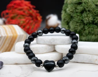 Hematite Obsidian Crystal Bracelet Heart Charm Healing Protection Black Jewelry Gift Stackable Bracelet Silver Jewelry Spiritual Energy Gift