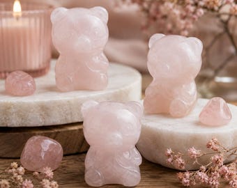 Rose Quartz Teddy Bear Crystal Figurine Pink Healing Stone Love Compassion Heart Chakra Meditation Altar Decor Spiritual Gift Pocket Stone