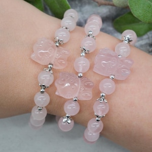 Rose Quartz Crystal Kitty Bracelet Pink Fashion Jewelry Gift Idea Natural Stone Boho Wrist Accessory Anime Kawaii Cartoon Character Gift