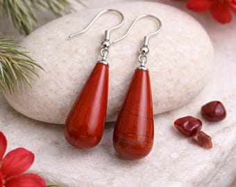 Red Jasper Crystal Gemstone Teardrop Earrings Silver Women's Jewelry Spiritual Energy Courage Natural Stone Jewelry Chic Boho Accessory Gift