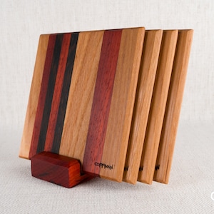 Set of 4 Extra Large XL Jumbo 5 inch Exotic Wood Coasters & Base Custom Name Engraving Personalized Wedding Anniversary Engagement Gift