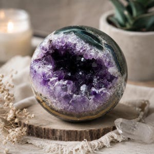 May include: A spherical amethyst geode with a deep purple crystal interior. The outer shell is a mix of green and gray, with a golden-brown base. The geode sits on a wooden slice, with a clear quartz crystal nearby.