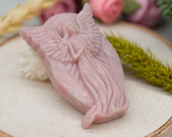 Angelo in cristallo di opale rosa naturale, scultura in pietra preziosa per guarigione e protezione, statuetta spirituale per meditazione, amuleto religioso, regalo, angelo rosa
