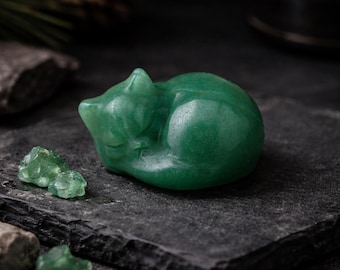 Green Aventurine Crystal Sleeping Cat Carving Stone Healing Protection Trinket Cat Lover Tier Tray Animal Theme Home Decor Cat Figurine Gift
