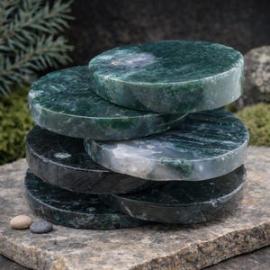 Moss Agate Round Plate Crystal Gemstone Gift Spiritual Meditation Altar Display Nature Theme Boho Shelf Accent Healing Energy Stone Disc