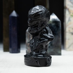 May include: A black sculpture of a creature with a detailed face and body, set against a backdrop of various crystal obelisks. The sculpture is the focal point, with the obelisks adding depth.