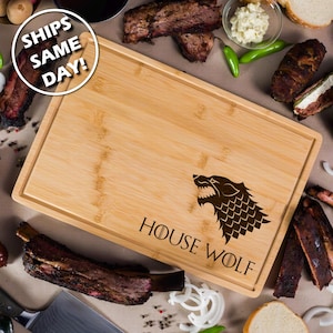 Engraved Custom Bamboo Cutting Board Personalized Charcuterie Tray GOT Wolf Emblem House Theme Grilling Essential Home Kitchen Decor Gift