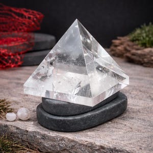 Könnte beinhalten: Eine transparente Quarz-Kristallpyramide steht auf einem dunkelgrauen, ovalen Steinsockel. Zwei kleine, runde Quarzsteine befinden sich davor. Die Pyramide hat eine Spitze und ist transparent. Der Hintergrund ist strukturiert und farbig.