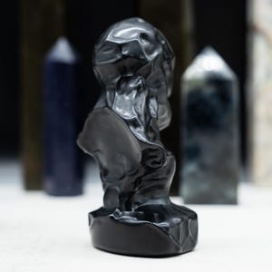 May include: A black sculpture of a bust with a textured surface, set against a blurred background of various dark-colored, pointed crystal formations. The sculpture is the focal point, with the crystals adding depth.