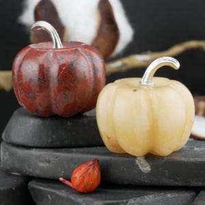 May include: Two decorative pumpkins, one deep red with black veining and the other pale yellow, sit on dark gray stones. Each pumpkin has a silver-colored, curved stem. A small, orange, dried flower is in the foreground. The pumpkins are likely for fall decor.