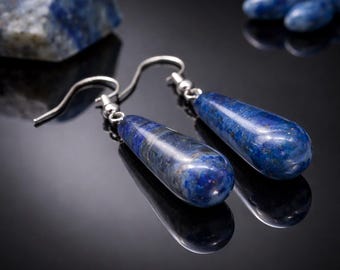Natural Stone Jewelry Lapis Lazuli Crystal Gemstone Teardrop Earlobe Earrings Silver Drop Jewelry Blue Spiritual Energy Stone Jewelry Women