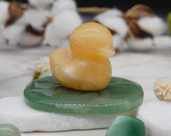 Yellow Calcite Green Aventurine Duck on Lilly Pad Crystal Figurine Nature Theme Decor Gift Nursery Ducky Shelf Accent Spiritual Serenity Art