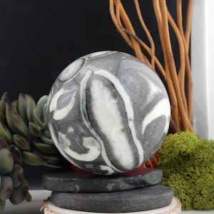 May include: A decorative sphere made of gray and white stone, with a marbled pattern. The sphere is resting on a stack of dark gray stones, with a succulent plant and twigs in the background. The sphere is approximately 4 inches in diameter.