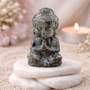 Llanite Blue Que Sera Crystal Carving Buddha Figurine Meditation Stone Healing Protection SelfCare Chakra Buddhism Prayer Stone Trinket Gift