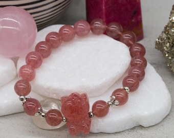 Strawberry Quartz Crystal Hello Kitty Bracelet Pink Fashion Jewelry Natural Stone Boho Wrist Accessory Anime Kawaii Cartoon Character Gift