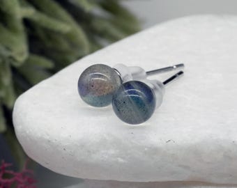 Flashy Labradorite Crystal Jewelry Gift 925 Silver Elegant Sphere Stud Post Earrings Mystical Stone Lunar Energy Trinket Boho Accessories