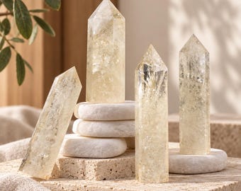 Torre de citrino, espécimen de sanación con cristales, varita de meditación con piedras preciosas, piedra de altar, manifestación feliz, amuleto espiritual, rejilla de cristal, decoración energética