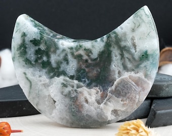Natural Druzy Moss Agate Moon Crystal Decor Spiritual Growth Nature Inspired Altar Display Healing Lunar Energy Stone Meditation Space Decor