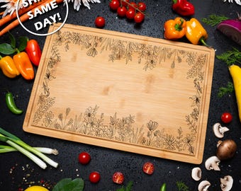 Engraved Wood Cutting Board Cute Floral Kitchen Decor Boho Charcuterie Tray Custom Housewarming Gift Personalized Wedding Gift Bridal Shower