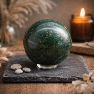 May include: A large, polished green sphere with a mottled pattern sits on a clear stand atop a dark grey, rectangular slate. Three small, smooth stones are arranged nearby. A lit candle in a glass jar is in the background.