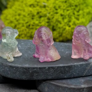 Peut inclure: Cinq petites figurines de chien en fluorite sculptées dans différentes nuances de rose, de vert et de blanc. Les figurines sont posées sur une surface en pierre grise.