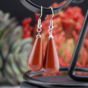 Natural Stone Jewelry Red Jasper Crystal Gemstone Teardrop Earrings Silver Statement Jewelry Red Spiritual Energy Meditation Accessory Gift
