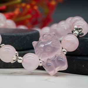 Pulsera de gatito de cristal de cuarzo rosa, joyería de moda rosa, idea de regalo, piedra natural, accesorio de muñeca bohemio, personaje de dibujos animados de anime kawaii, regalo