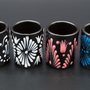 Black Ceramic Talavera Shot Glass With White Pink Blue | Ceramic Barware | Mexican Pottery Drinkware | Wedding Anniversary Birthday Gift