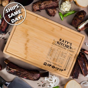 Tabla de cortar personalizada, tabla de conversión de cocina, regalo de inauguración de casa, artículos esenciales para el chef, tabla de cortar de madera grabada, idea de regalo para el hogar