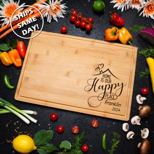 Personalized Bamboo Cutting Board Custom Engraved Charcuterie Tray Our Happy Place Design Home Decor Gift Idea Kitchen Serving Essential