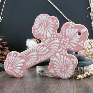 Unique Ceramic Talavera Cross Light Baby Pink White Authentic Mexican Pottery Wall Art Porcelain Pink Wedding Gift Baby Shower Baptism Gift