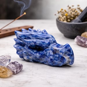 Blue Sodalite Crystal Dragon Head Carving Figurine Spiritual Healing Protection Gemstone Gift Mythical Creature Art Crystal Grid Tray Decor