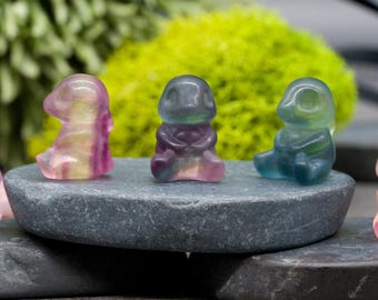 Rainbow Fluorite Crystal Dinosaur Carving Stone Healing Protection Trinket Tray Home Decor Figurine Cute Cartoon Character Gift for Kids