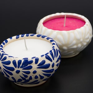 Blue White Ceramic Talavera Candle Mexican Folk Art Pottery Cute Pretty Wedding Gift Housewarming Boho Home Decor Kitchen Living Room Gift