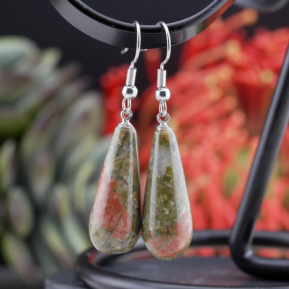 Unakite Natural Crystal Gemstone Teardrop Earrings Silver Jewelry Pretty Pink Accessory Womens Green Stone Boho Crystal Shelf Decor Gift