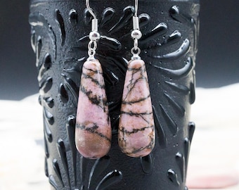 Pink Rhodonite Crystal Healing Teardrop Earrings Silver Hook Jewelry Women Gift Fashion Pink Gemstone Accessory Style Girls Spiritual Energy