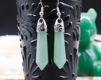 Natural Green Aventurine Crystal Gemstone Teardrop Point Dangle Drop Earrings Silver Jewelry Mint Green Spiritual Energy Boho Accessory Gift
