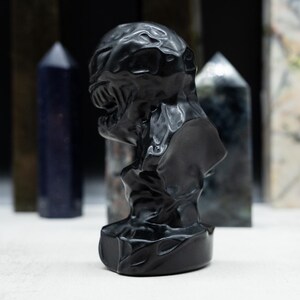 May include: A black sculpture of a creature's head and shoulders, with a detailed, textured surface. The sculpture is on a white surface, with several gemstone obelisks in the background.