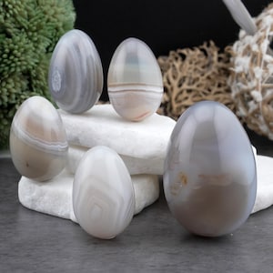 Op de afbeelding: Zes gepolijste agaatstenen eieren in tinten grijs, wit en bruin. De eieren variëren in grootte en worden gepresenteerd op witte, rechthoekige platforms. De eieren hebben een gladde, glanzende afwerking en vertonen natuurlijke bandpatronen.