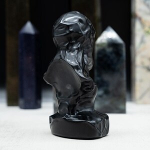 May include: A black sculpture of a bust, with a textured surface, stands in front of several crystal obelisks. The obelisks vary in color, including blue, gray, and white, and are arranged in the background.
