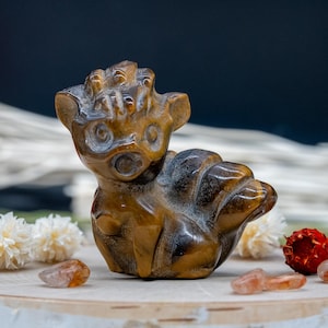 Tiger&#39;s Eye Crystal Fox Carving Anime Figurine Healing Protection Gemstone Gift Forest Creature Art Kids Room Decor Cartoon Character Gifts