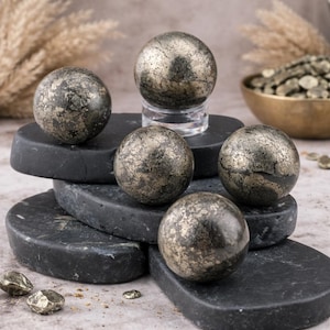 May include: Five pyrite spheres with a metallic, speckled appearance are arranged on black, oval-shaped platforms. One sphere sits on a clear stand. A gold-colored bowl filled with pyrite and dried plants are in the background.